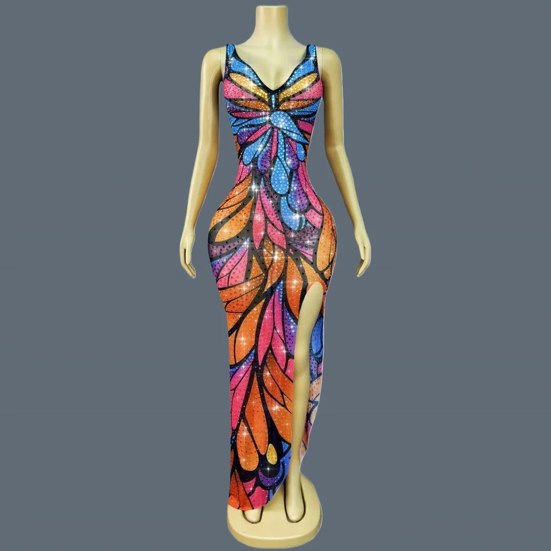 فراشة الطباعة سباركلي حجر الراين مساء اللباس مثير ضمادة العميق الخامس الرقبة فستان طويل موضوع حزب احتفال الزي Caihongdie