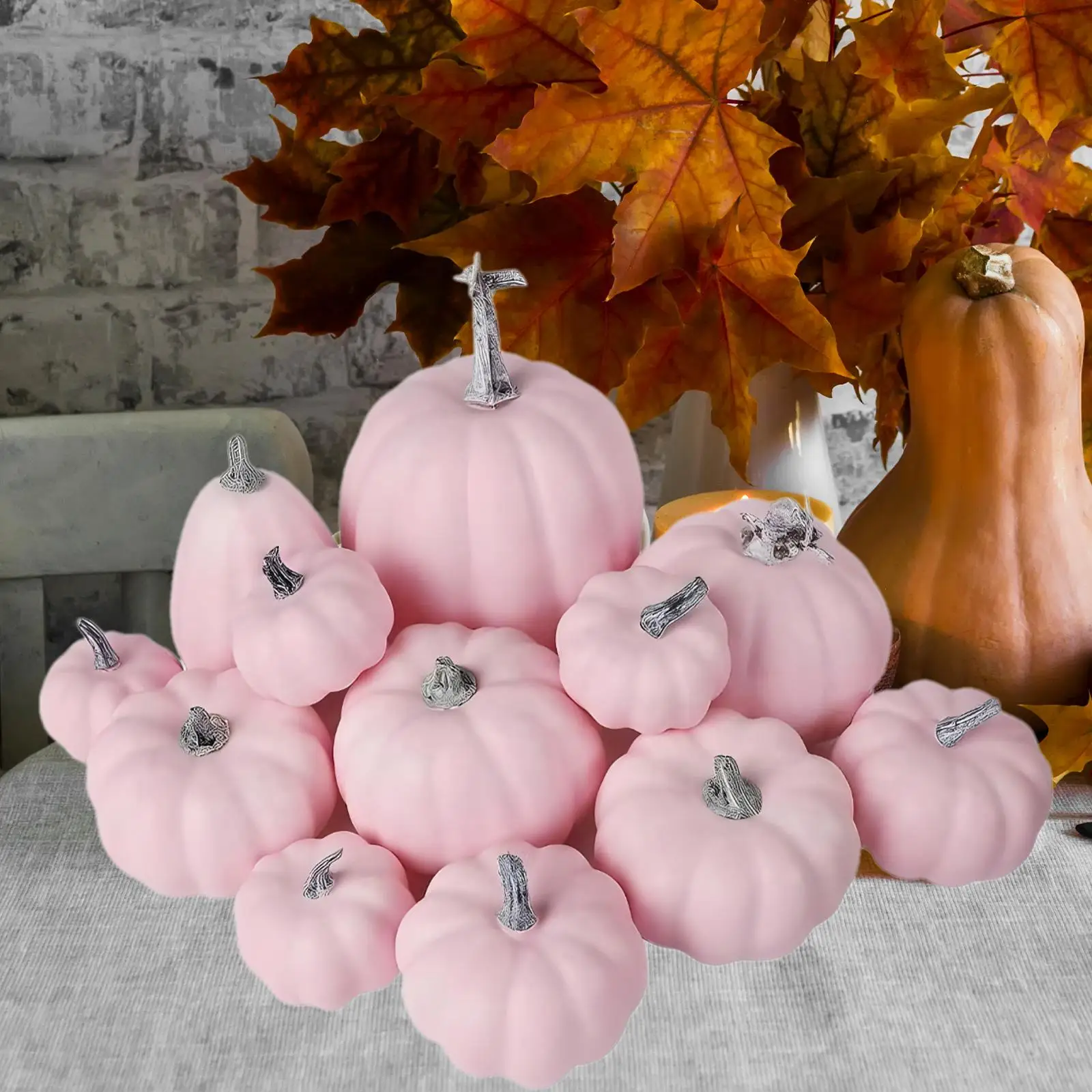 12 Pieces Halloween Artificial Pink Pumpkins Assorted Size Smallest 6cmx6cm Stackable for Indoor Outdoor Decor Lightweight