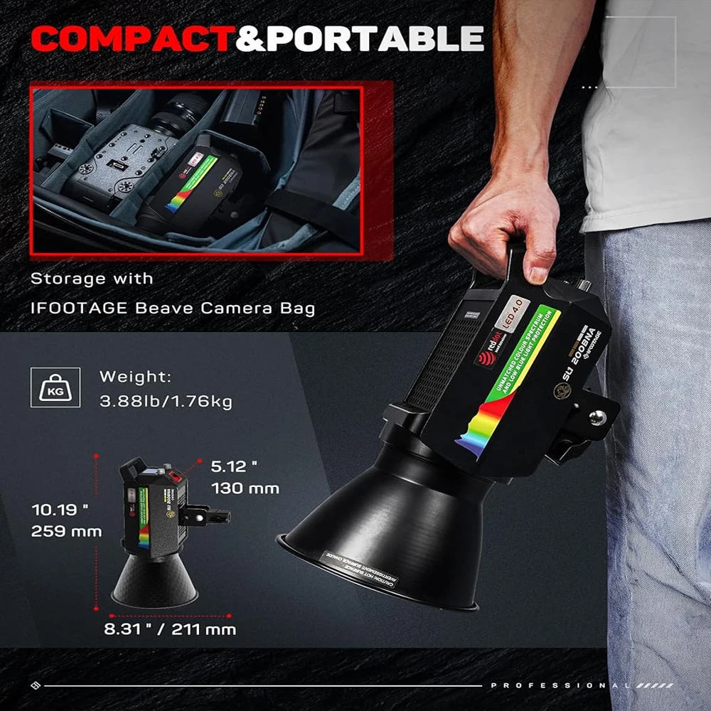 Ifootage SL1 200BNA ضوء تصوير LED عالي السطوع يتم التحكم فيه في التطبيق مع ضوء Softbox منخفض الضوء الأزرق