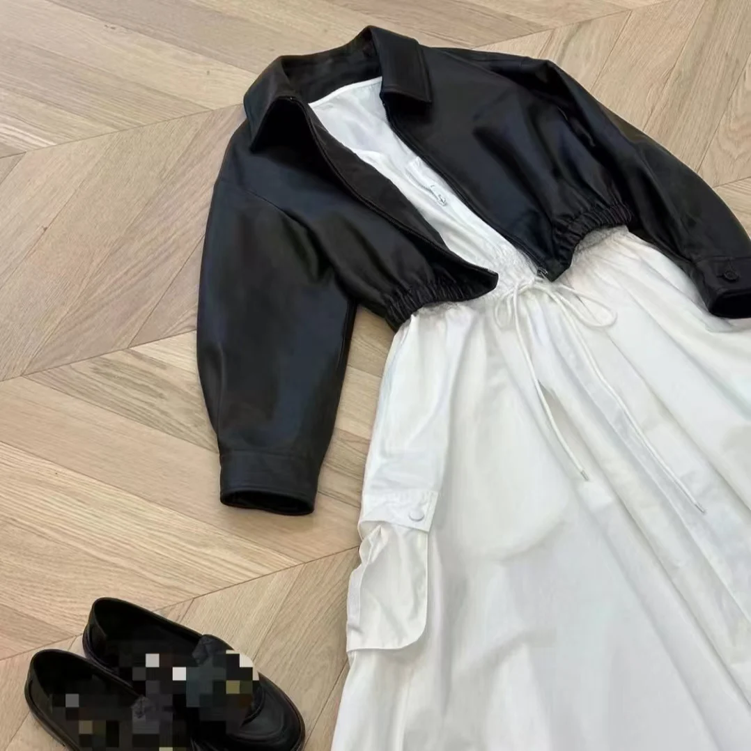 Faionable ort Motorcycle Jaet Women's Synthetic eepskin Coat Elastic Waist PU Leather Top Trendy Commute Sle Zipper