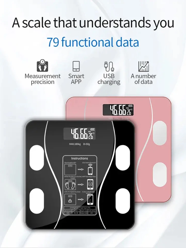 Electronic LED Digital Weight Balance Smart Scale, Tempered Glass Platform, Smartphone App, Body Fat