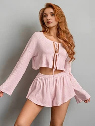 HiLoc Autumn Pink Knitted Shorts Pajamas Sets Women 2 Pieces Fashion Lace-Up Sexy Crop Tops Elastic Wide Leg Shorts Sleepwears