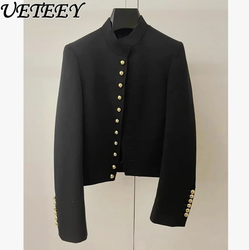 

High-Grade Black Stand-up Collar Short Suit Jacket Women's Fashion Heavy Industry French Style Gold Buckle Long-Sleeved Coat