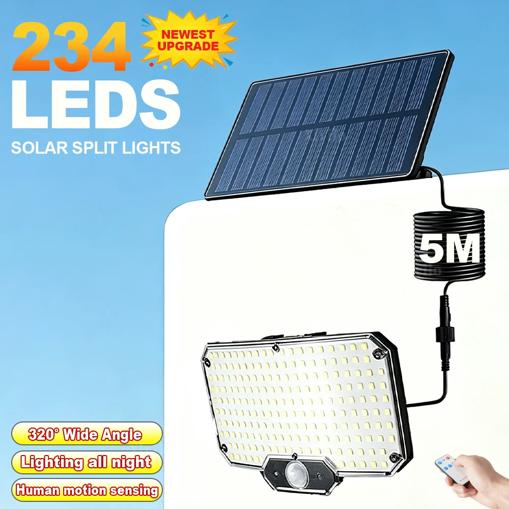 234 LED Solar Wall Light Motion Sensor Solar Security Lamp Remote Operated Split Design Lamp for Patio Walkway Exterior Lighting