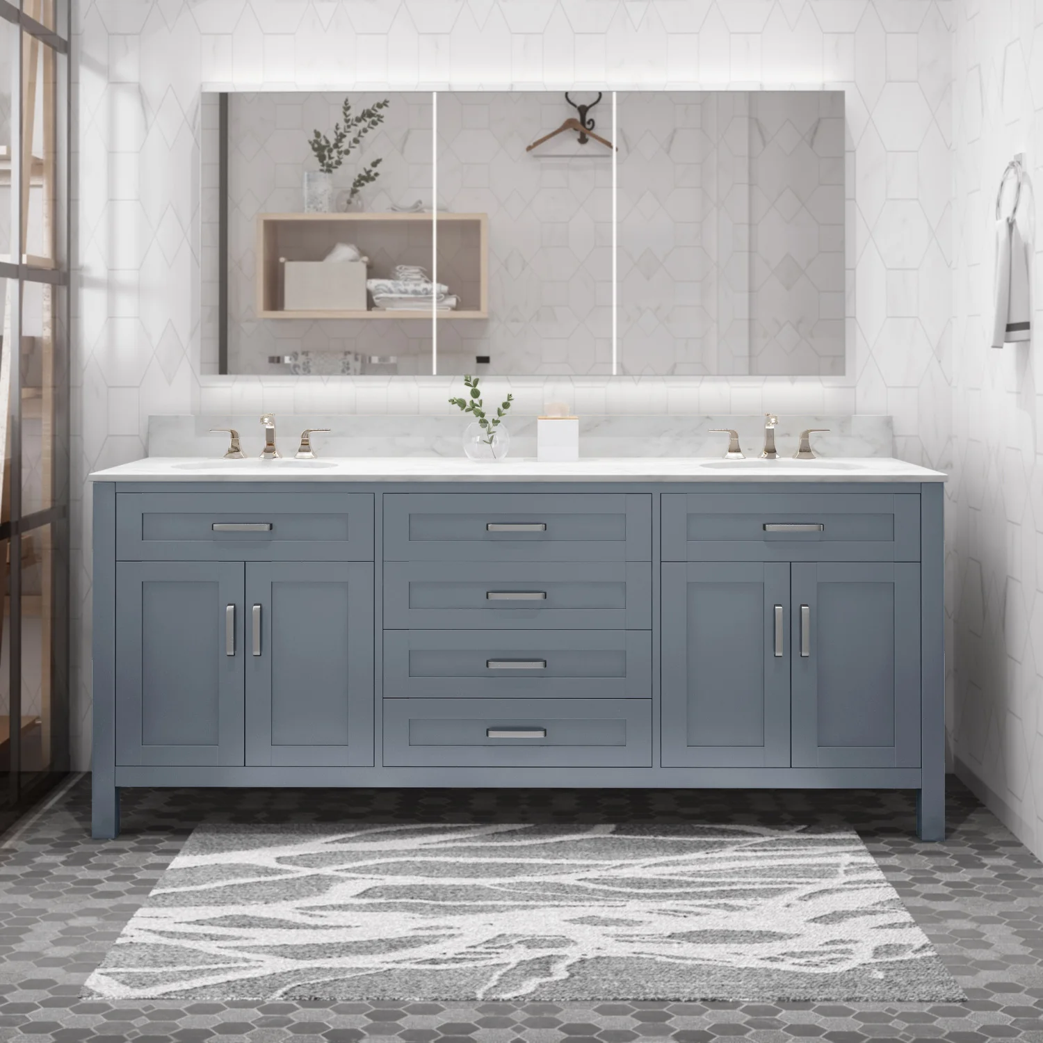 73'' Bathroom Vanity with Marble Top & Double Ceramic Sinks, 4 Doors, 4 Drawers, Grey