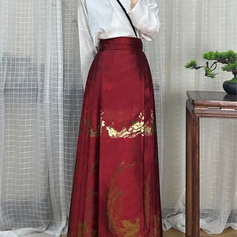 

2023 Chinese Original Hanfu Ming Horse Face Skirt Red Toast Dress Daily Wear Waist-length Skirt Woven Gold Satin Mamian Dress