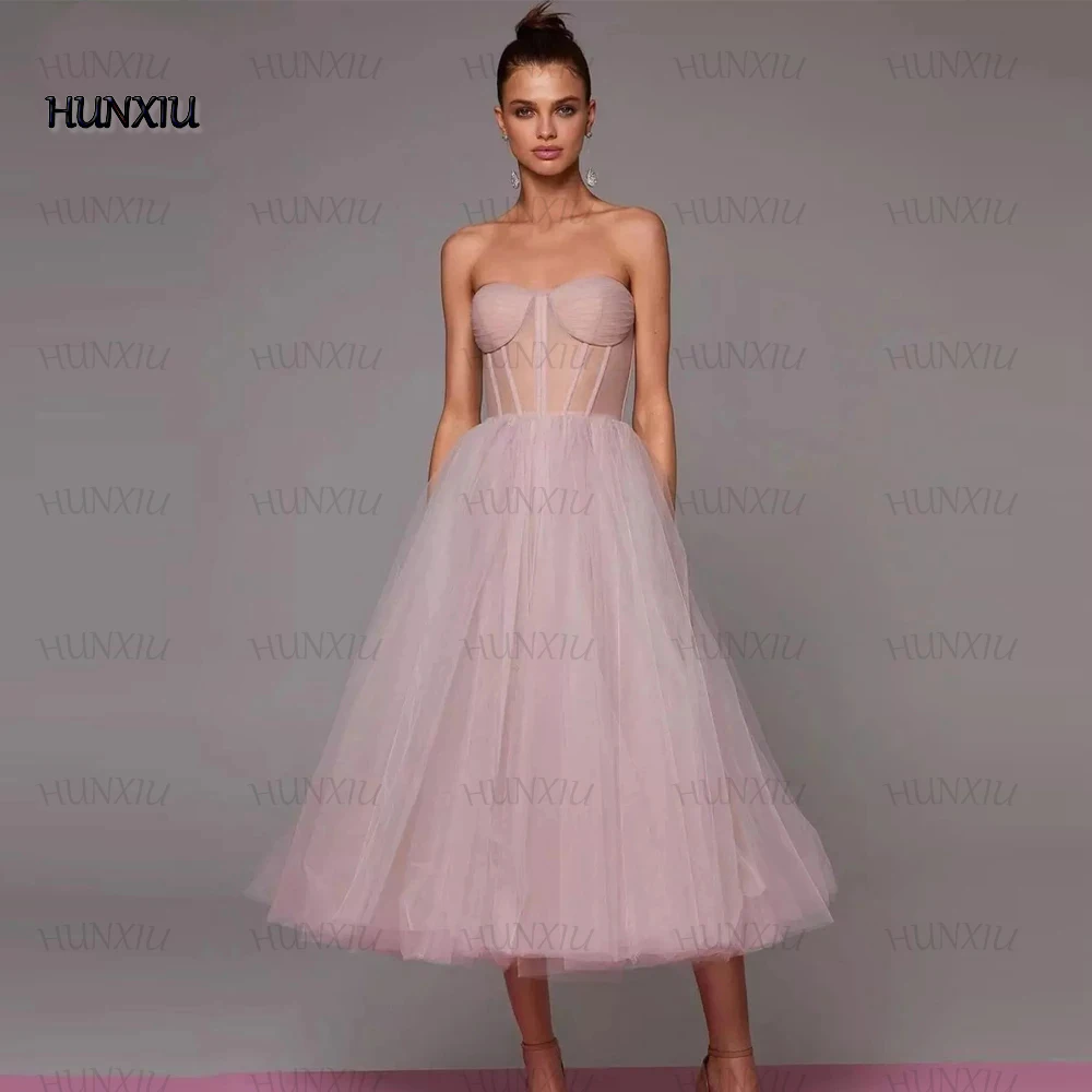 HUNXIU ชา-ความยาวพรหมชุด Sweetheart Strapless A-Line Tulle คุณภาพสูง Robes De Soirée Lace Up หลายขนาด Party ชุด