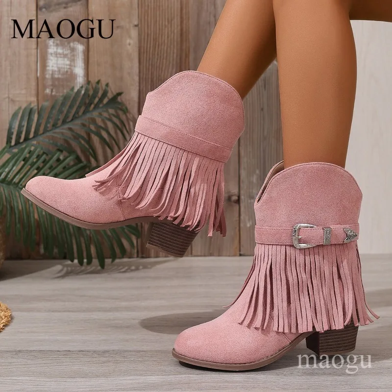 Botas de vaquera vintage de gamuza con flecos para mujer, punta redonda, hebilla metálica, tacón de bloque, estilo cowboy, sin cordones, Botas Feminina