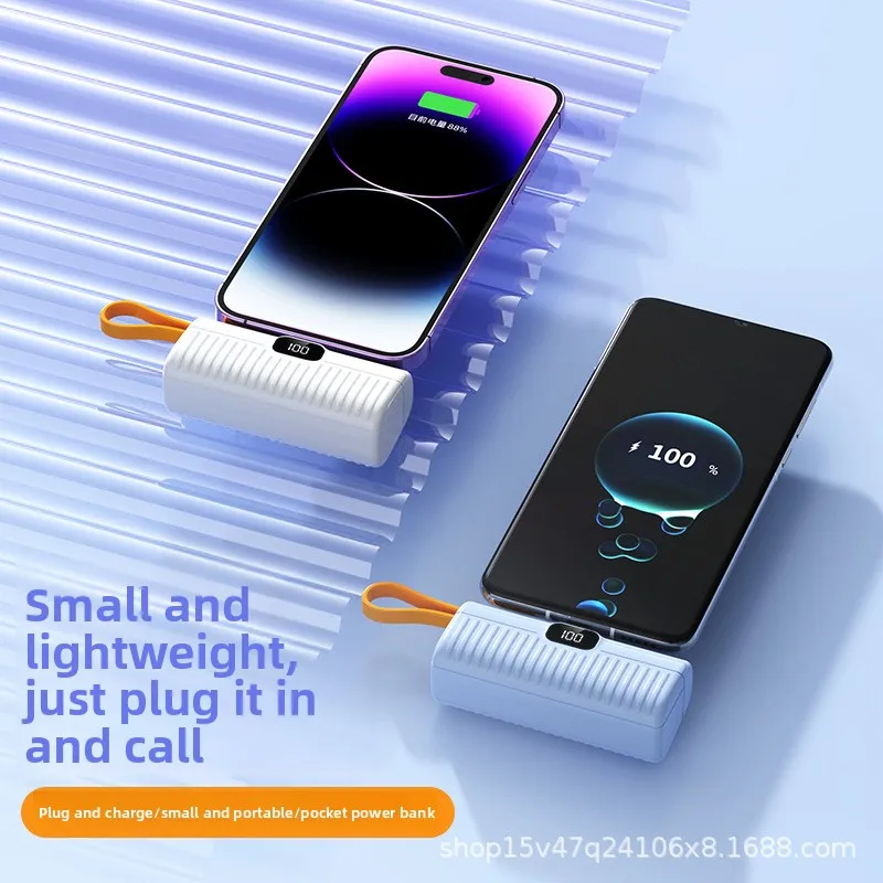5000mAh Large Capacity Mini Capsule Power Bank with Built-in Cable for Fast Charging Pocket Compact Digital Display Power Bank