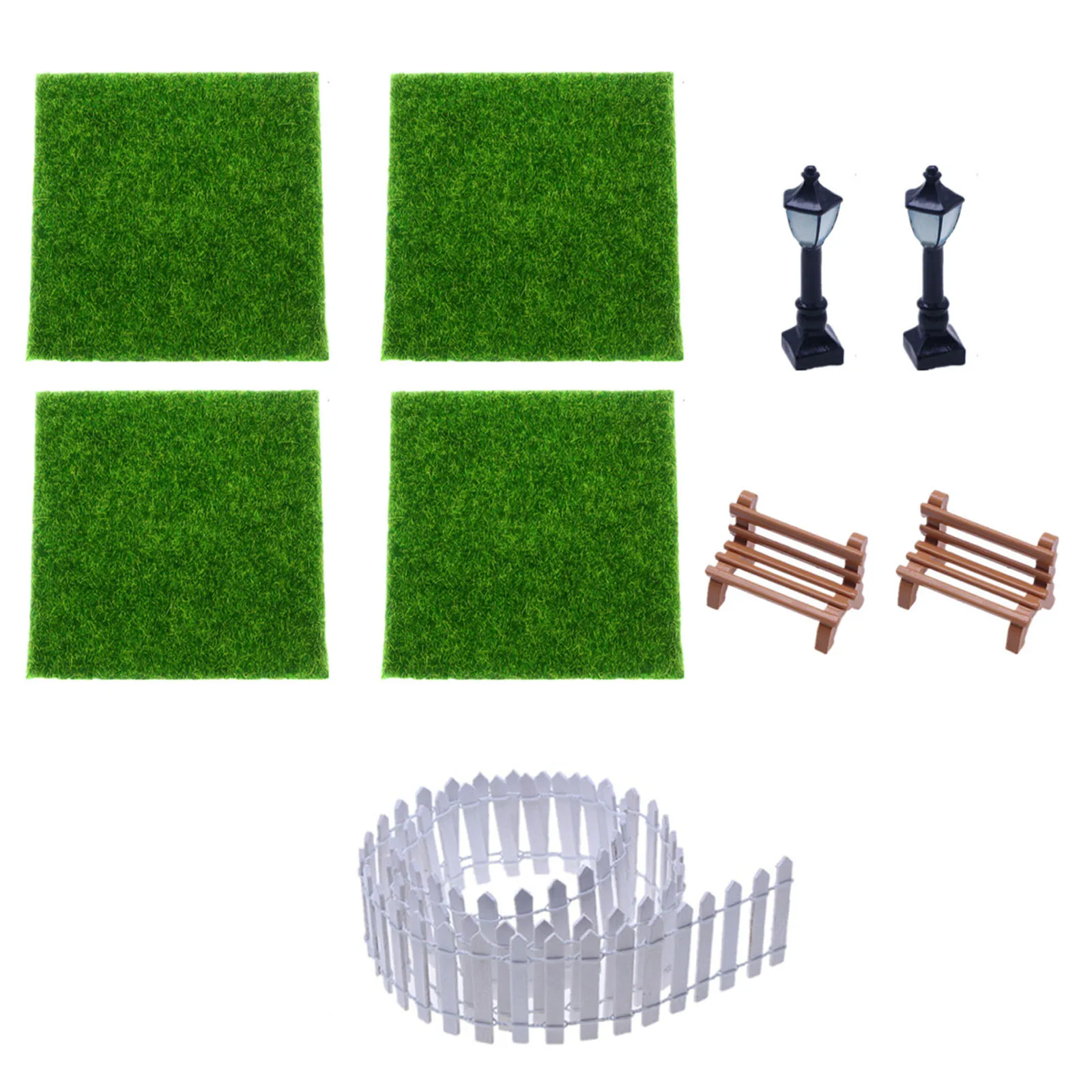 

Synthetic Fiber Miniature Garden Models Mini Landscape Ornament Set with Fences Street Lamp Decorations Stools