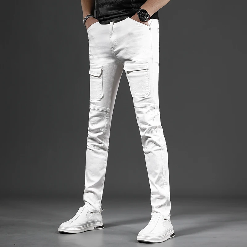 White Cotton Men's Jeans Korean Style Slim Fit Pants Streetwear Casual Double Pockets Stretch Denim Trousers CP2197
