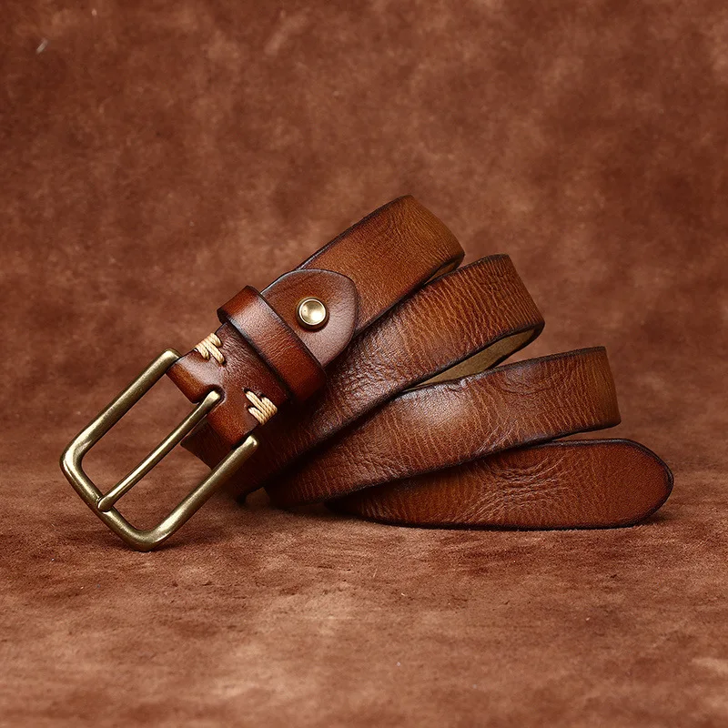 Washed retro distressed wrinkled top layer cowhide belt women's genuine leather copper buckle trendy casual jeans belt