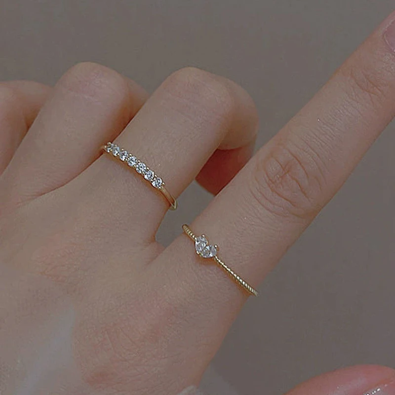 Fashion 2pcs/set Crystal Heart Rings for Women Golden Silver Color White Pin Rhinestones Open Ring Sweet Girls Finger Jewelry