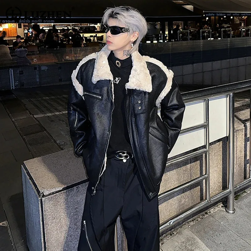 

LUZHEN Winter Jacket Lamb Leather Wool Men's Splicing Faux Korean Version Motorcycle Trendy Streetwear Retro Casual Coats JY4708