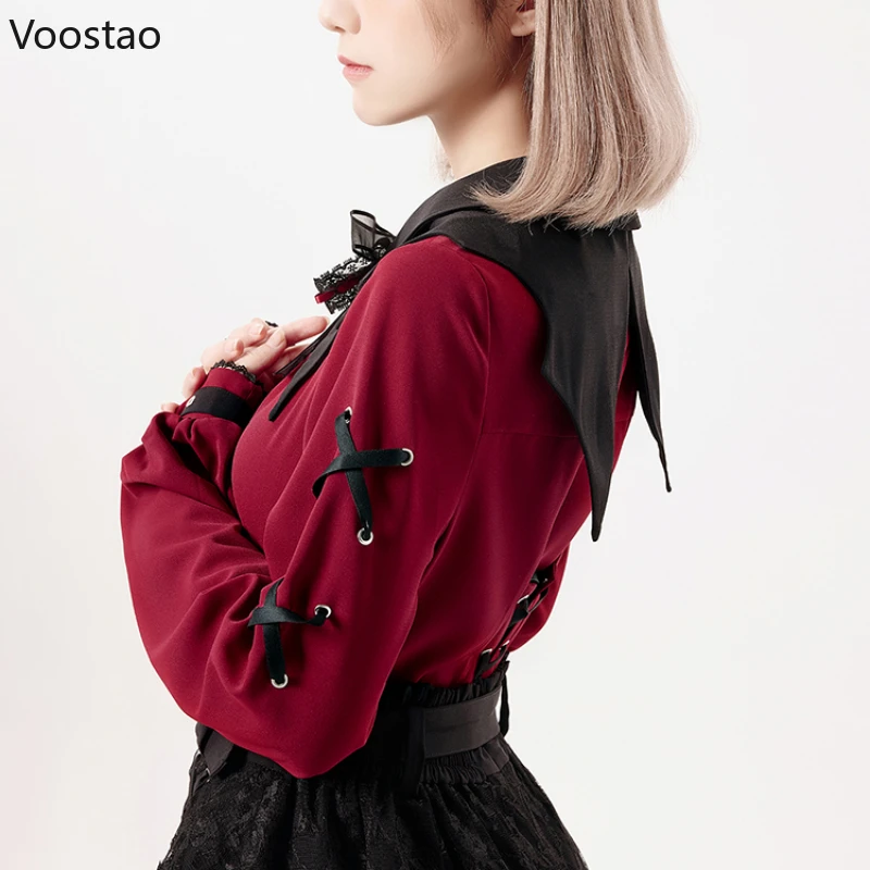 Harajuku Gothic Lolita Shirt Japanese Y2k Aesthetic Bow Lace Hollow Out Bat Collar Long Sleeve Blouse Women Elegant Clothes Tops