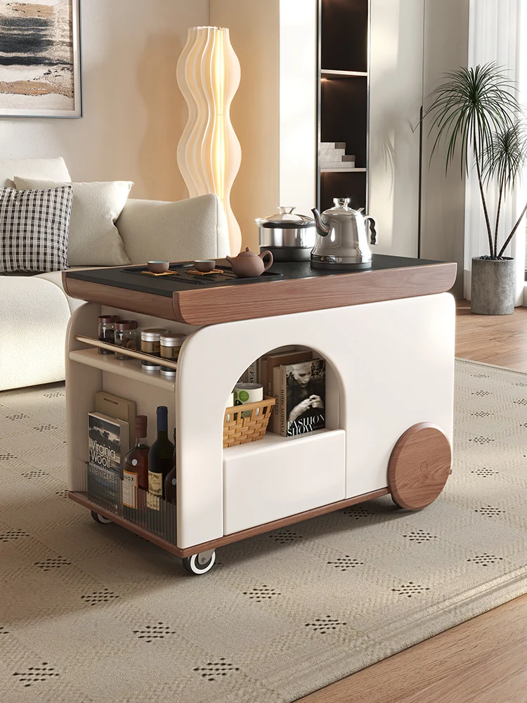 

Solid wood mobile coffee table tea table kettle integrated movable sofa side trolley balcony tea cabinet tea table