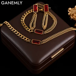GANEMLY 316L Stainless Steel Red Crystal Necklace Bracelet Earrings Set For Women Girl Fashion Waterproof Jewelry 3-Set Gift