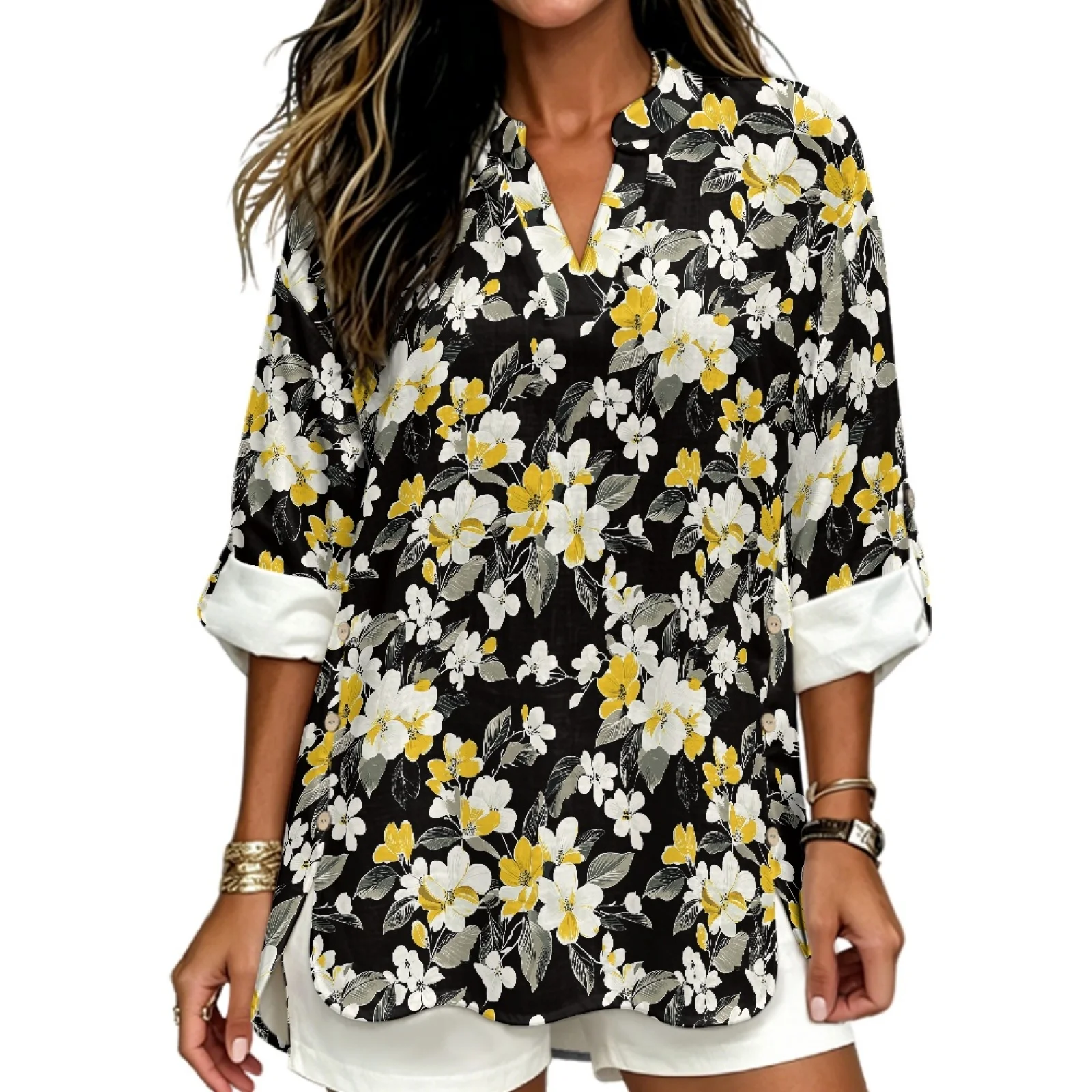 PENSTROLL Floral and Leaf Linen Style Long Sleeve Womens Tops for Fall Roll-Up Tunic Top Tunic Tops for Women