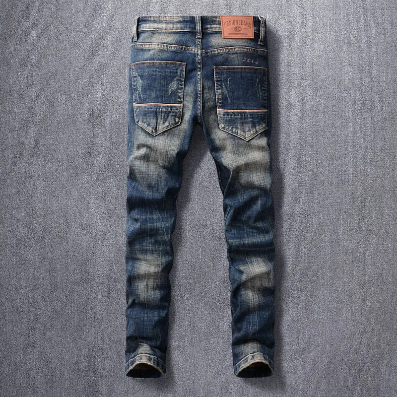 Newly Designer Fashion Men Jeans High Quality Retro Black Blue Stretch Slim Fit Ripped Jeans Men Embroidery Vintage Denim Pants
