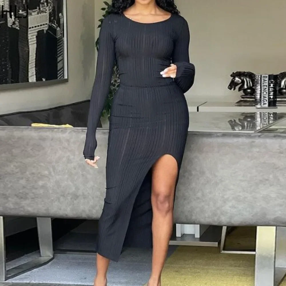 

HLJ Black Ribber Sexy Slit Bodycon Mid Dresses Women Round Neck Long Sleeve Slim Irregular Vestidos Female Simplicity Clothing