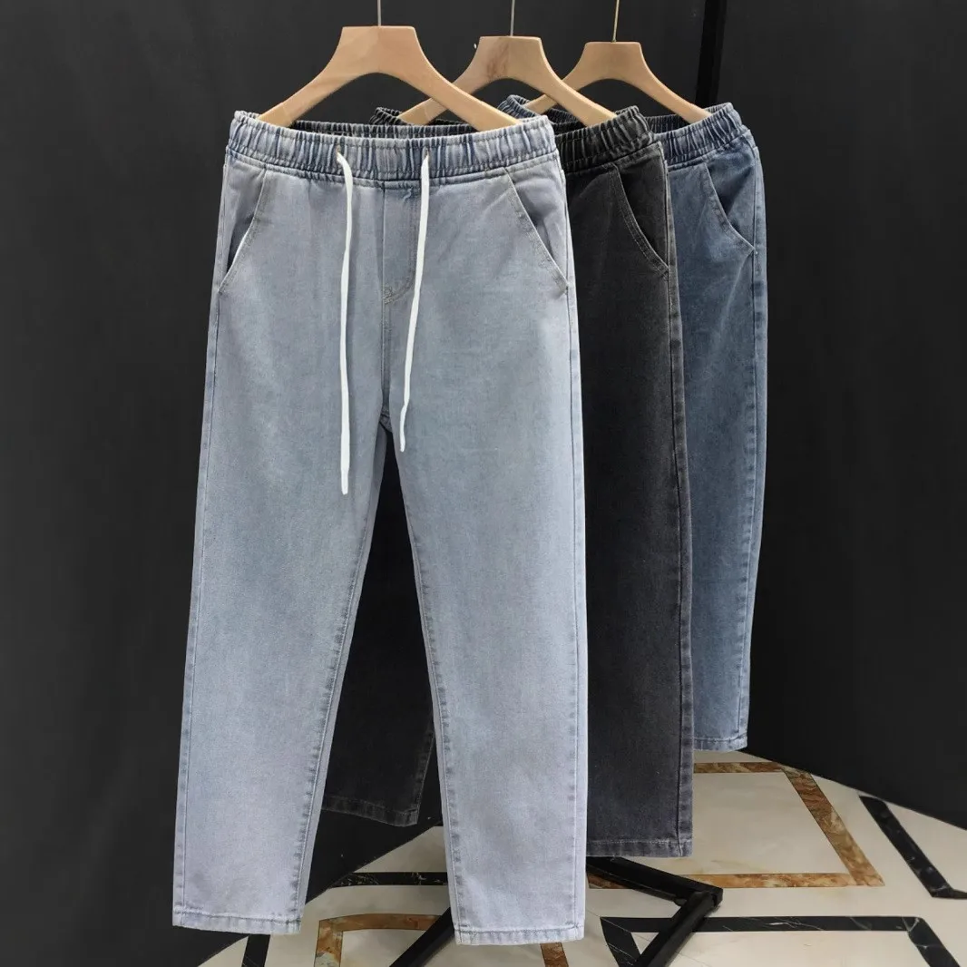 Celana Jeans Pria Pinggang Elastis Model Dstring Musim Panas, Potongan Lurus Longgar Sembilan Perempat, Trendi, Kaki Lebar, Kasual