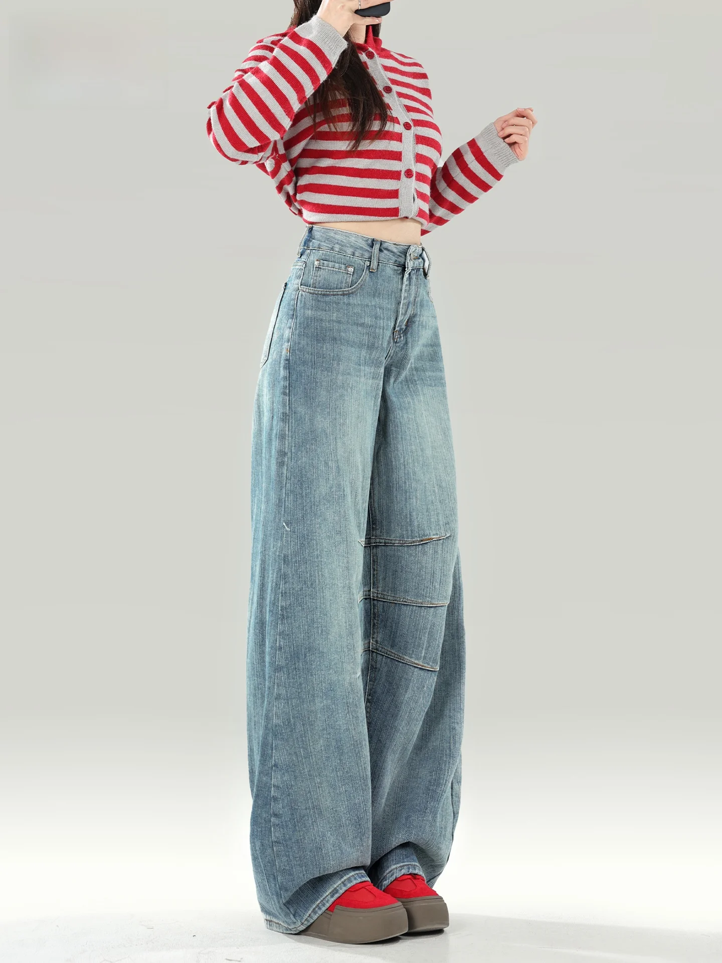 

Женские летние джинсы с низкой талией в американском стиле, свободного кроя, из выстиранного денима, модные, с высокой талией, свободные брюки-клеш, повседневные, из хлопка и полиэстера