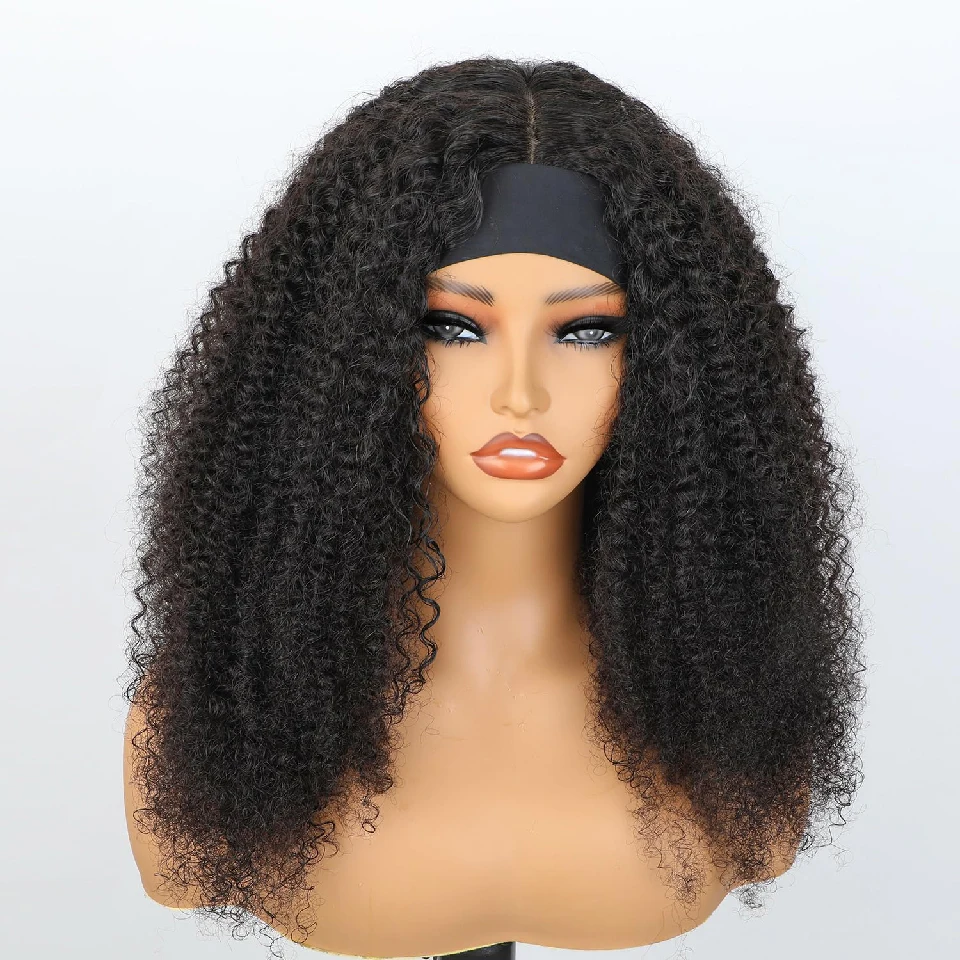 

Afro Curly Headband Wig Human Hair with Realistc Scalp Top Glueless Wig 180% Density 12A Grade Mongolian Afro Kinky Curly Hair