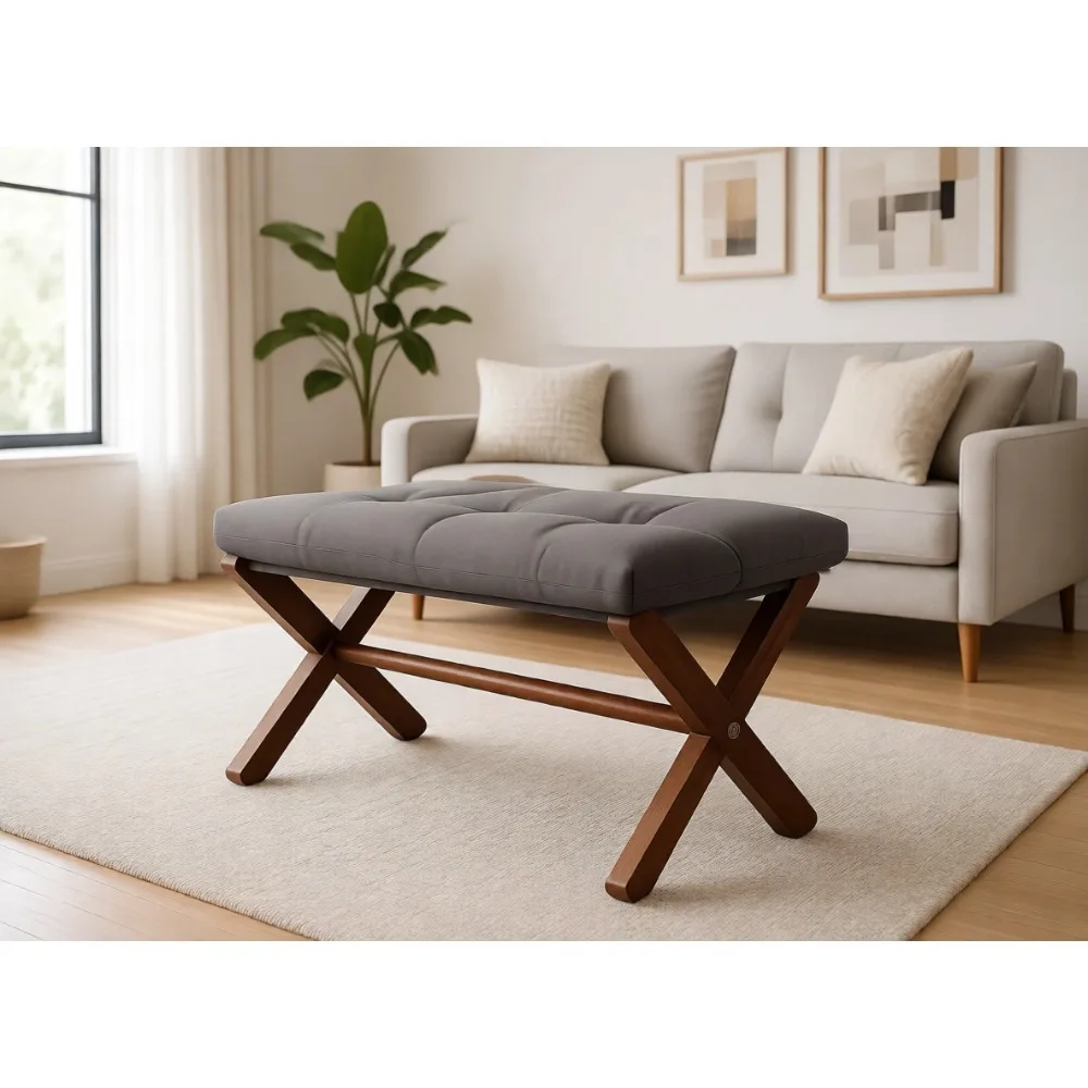 Foldable Small Ottoman with Thick Cotton Cushion and Wood Legs, Vanity Stool for Makeup, Living Room, Bathroom
