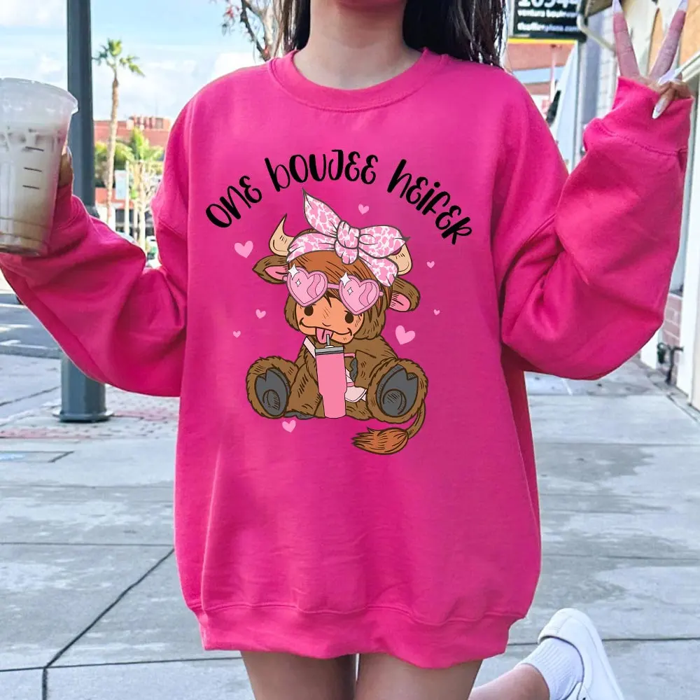 2024 Faddish Funny Valentine's Day Women Sweatshirt Cute Cotton A Little Yak Drinking A Cold Drink Print Lover  Holiday  Sweater