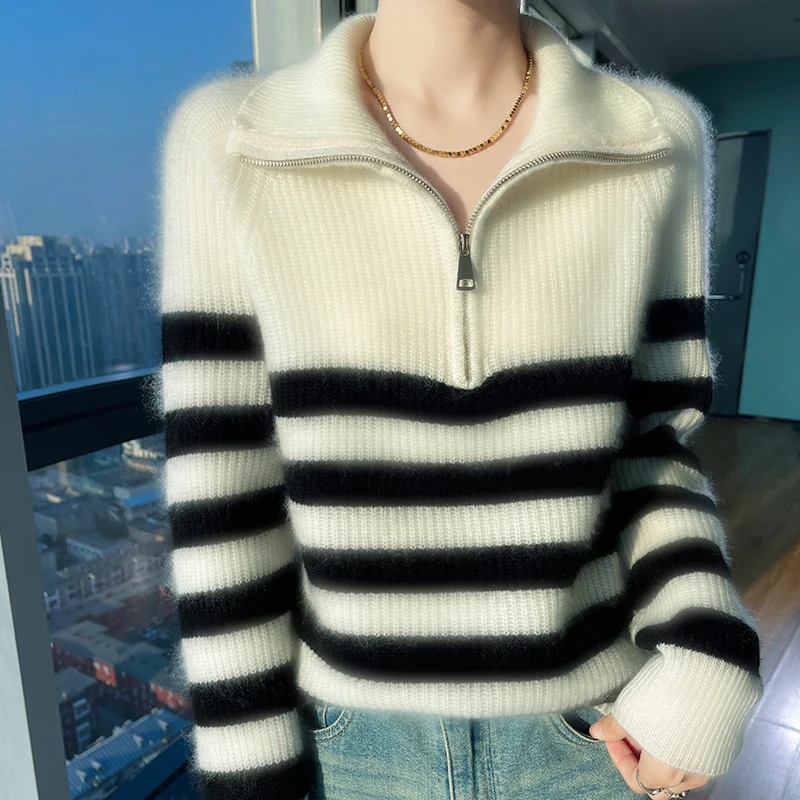 Women\'s winter sweater 100% merino wool thick warm turtleneck sweater striped cashmere sweater casual Korean top.