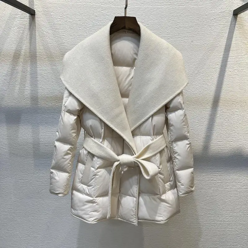 

Корейский стиль: ультралегкая куртка из кашемира и гусиного пуха с пэчворком, женское зимнее теплое пальто с длинными рукавами, укороченная модель