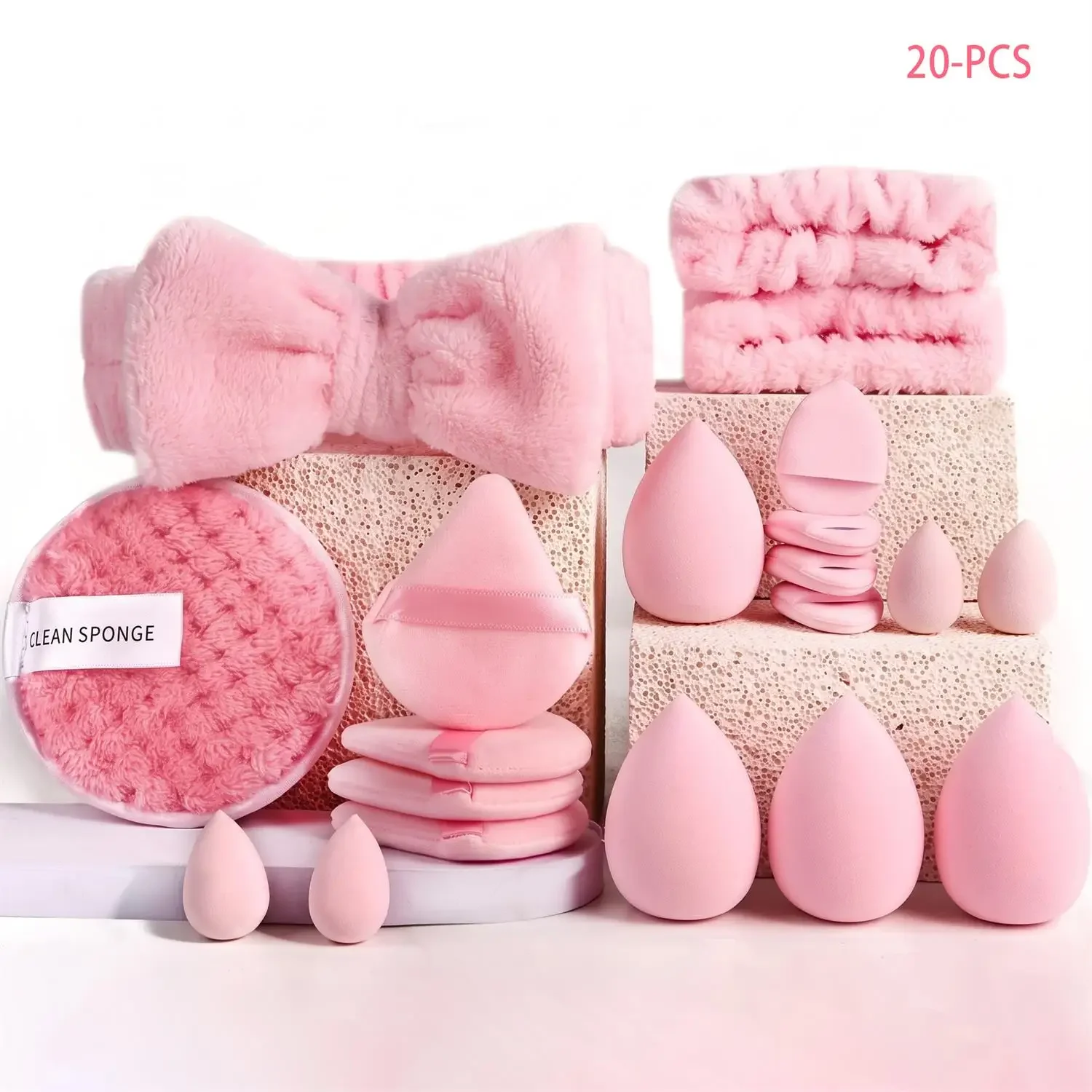 20-Pc Skincare Cleansing Tool Set – Makeup Sponges, Puffs, Remover Pads, Wristbands & Headband – All-in-One Face Care Kit