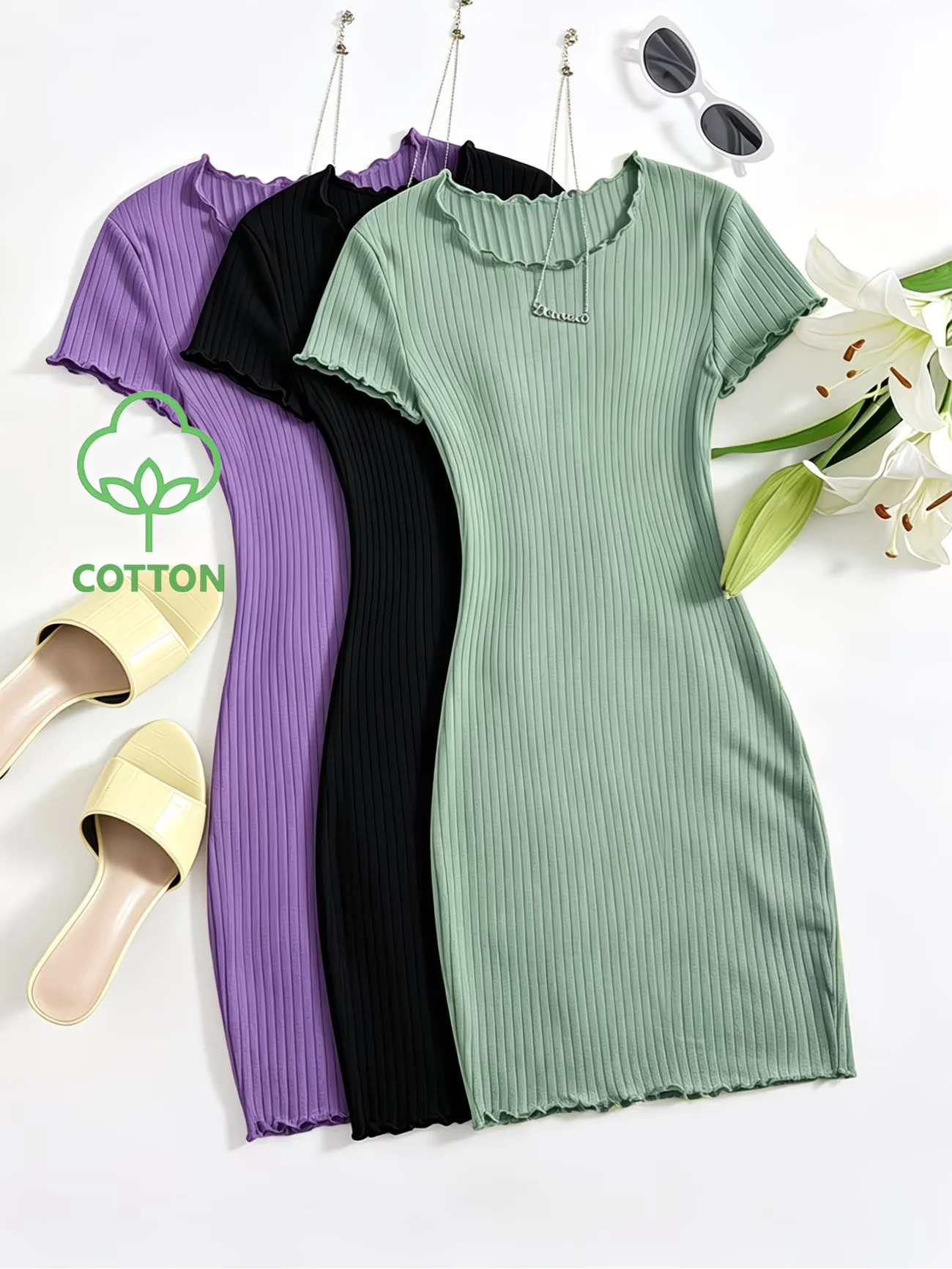 3-teiliges Set Elegante Damen-Rippstrick-Minikleider, Texturiertes Bodycon-Kleid mit Hoher Dehnbarkeit