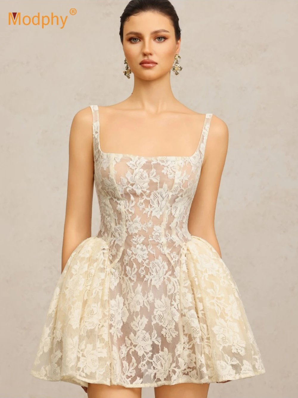 

Modphy абрикосовое кружевное сексуальное мини-платье с открытой спиной для женщин, модное клубное платье трапециевидной формы с квадратным воротником без рукавов и высокой талией