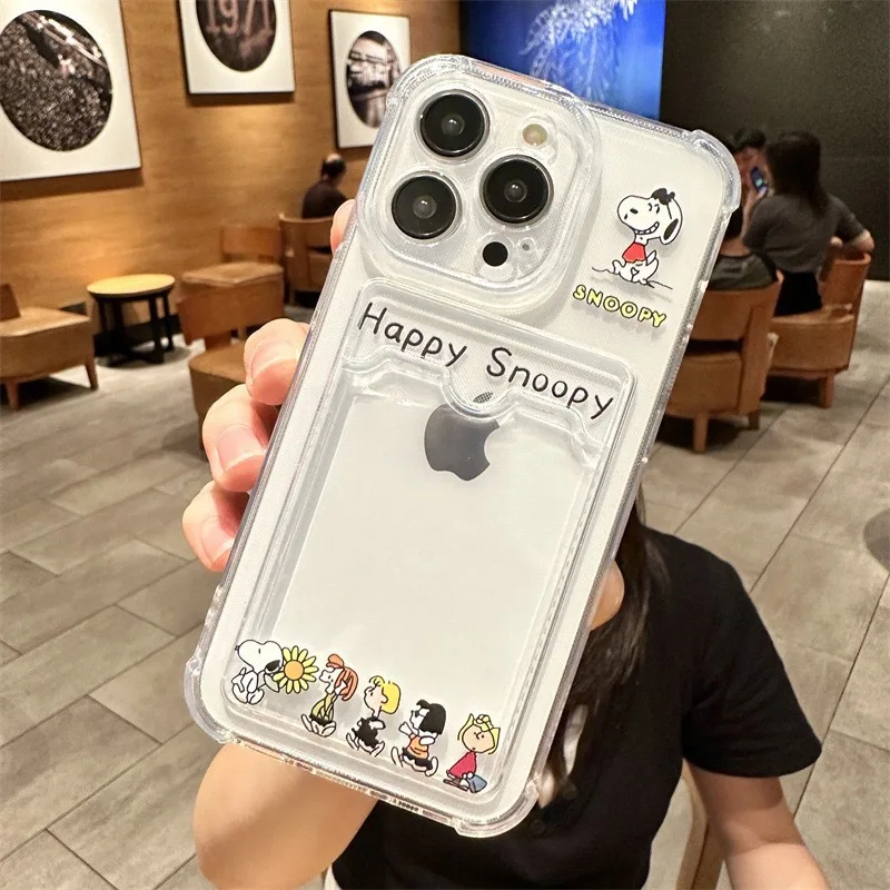 Interest Cartoon Cute Snoopy Wallet Card Bag Phone Case For iPhone 11 12 13 14 15 Pro Max X XR X 8 7 Plus Clear Soft Back Cover