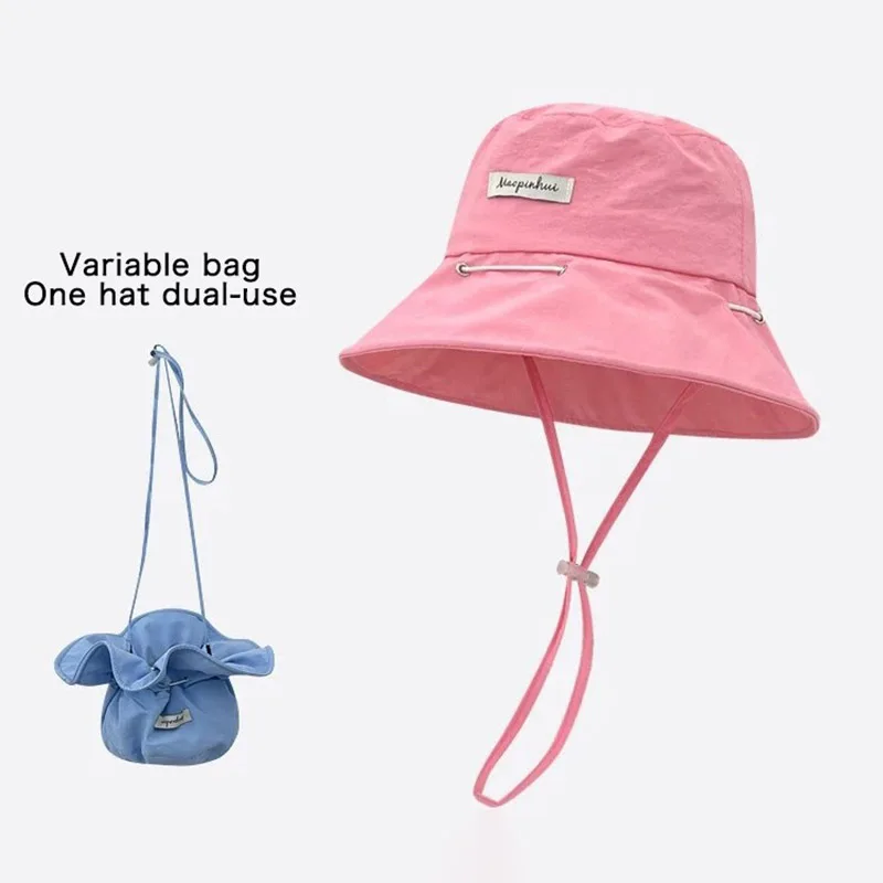 الصيف قبعة بحافة للنساء رقيقة سريعة الجافة قبعة صياد Y2K الفتيات بلون قبعات بنما حقيبة متغيرة ذات الاستخدام المزدوج #2