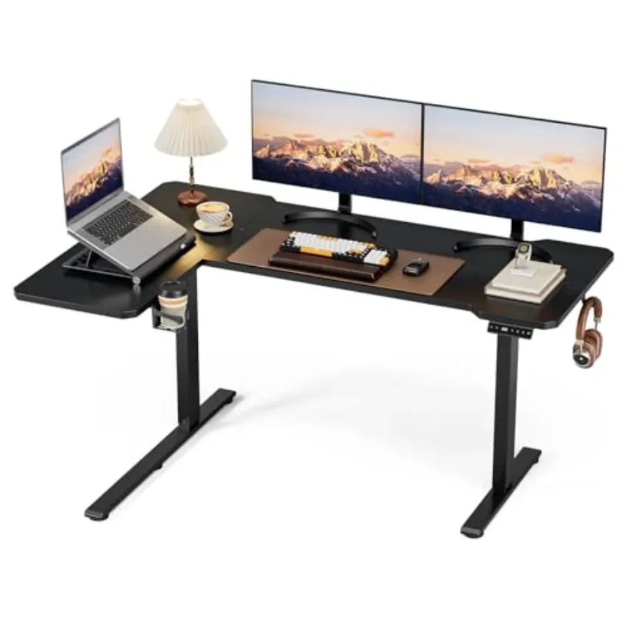 L Shaped Electric Standing Desk for home office, engineered wood in white, height-adjustable with dual motors and memory preset
