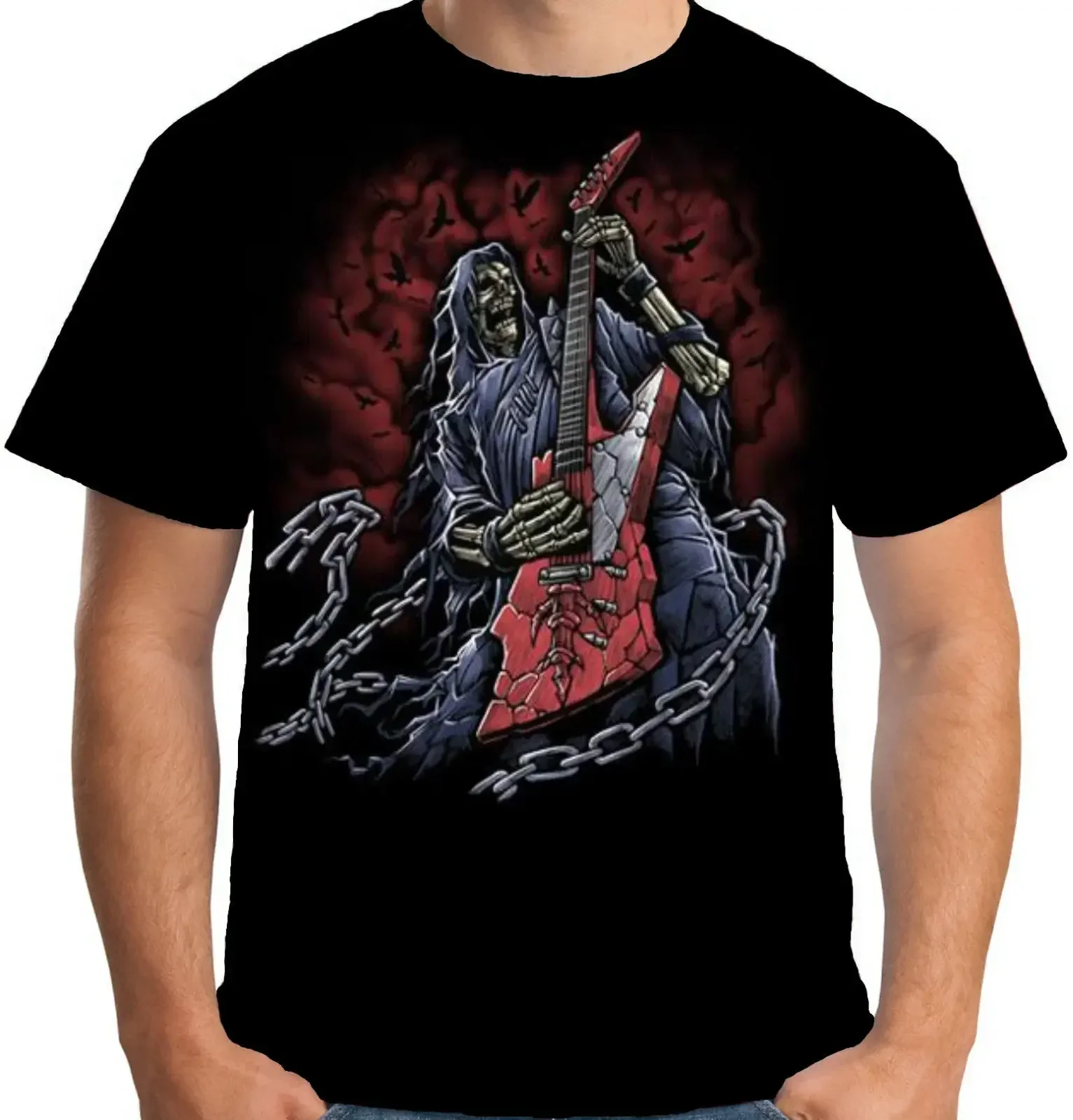 Hot Sale Summer  Mens Grim Reaper Guitarist T Shirt Guitar Heavy Metal Skeleton A15419 100% Cotton For Man Shirts