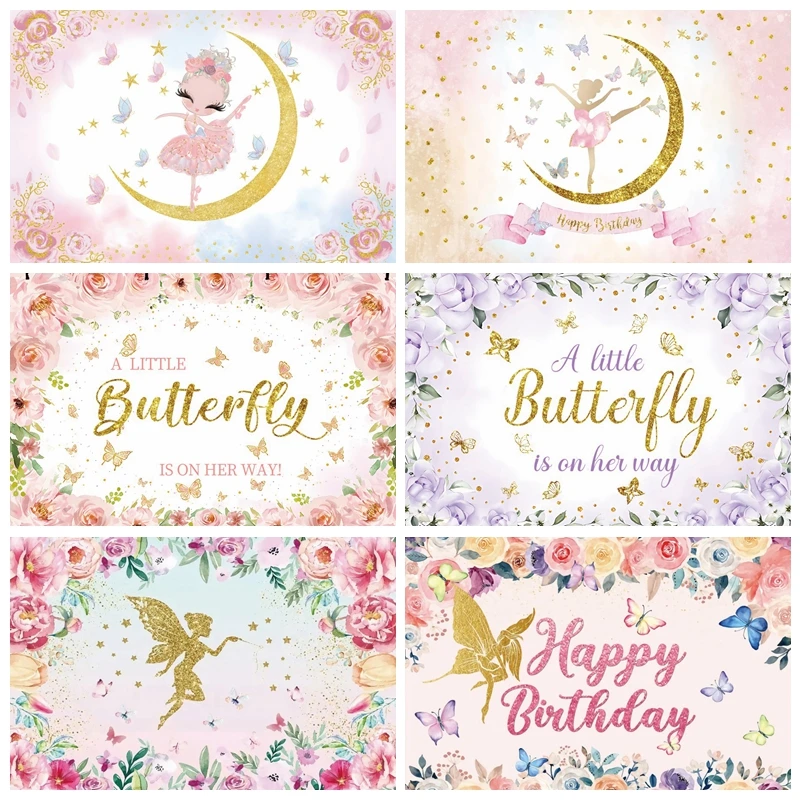 Girls Princess Birthday Backdrop Butterfly Flower Rainbow Newborn Baby Shower Party Photography Background Photo Studio Props