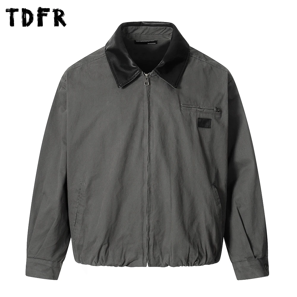 

Spliced Lapel Cargo Jacket Mens Zipper Pocket Retro Autumn Winter Loose Long Sleeve Outerwear Man