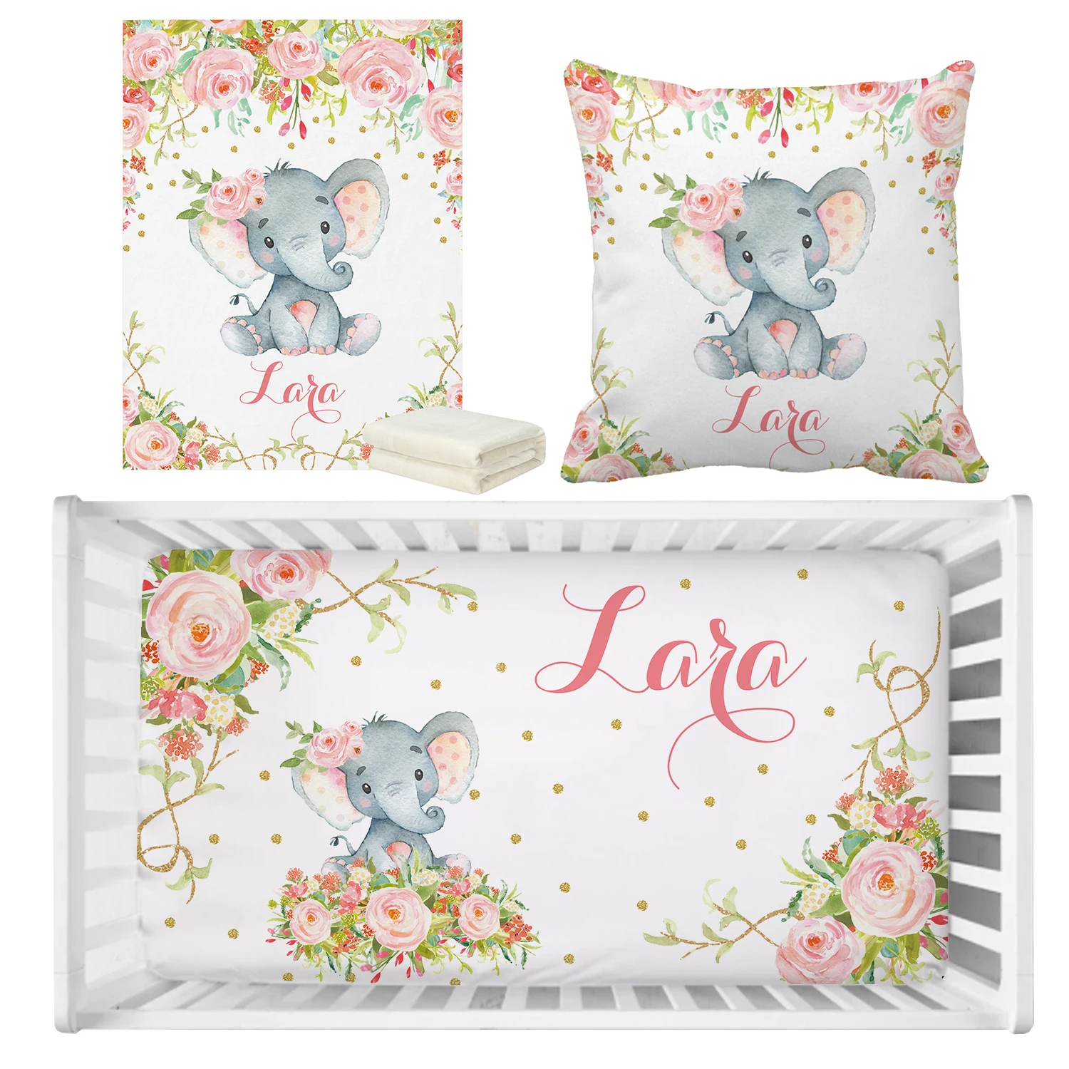 LVYZIHO Baby Girl Rose Elephant Bedding Set, Custom Name Boho Rose Elephant Crib Bedding Set, Baby Shower Gift Crib Sheet Set