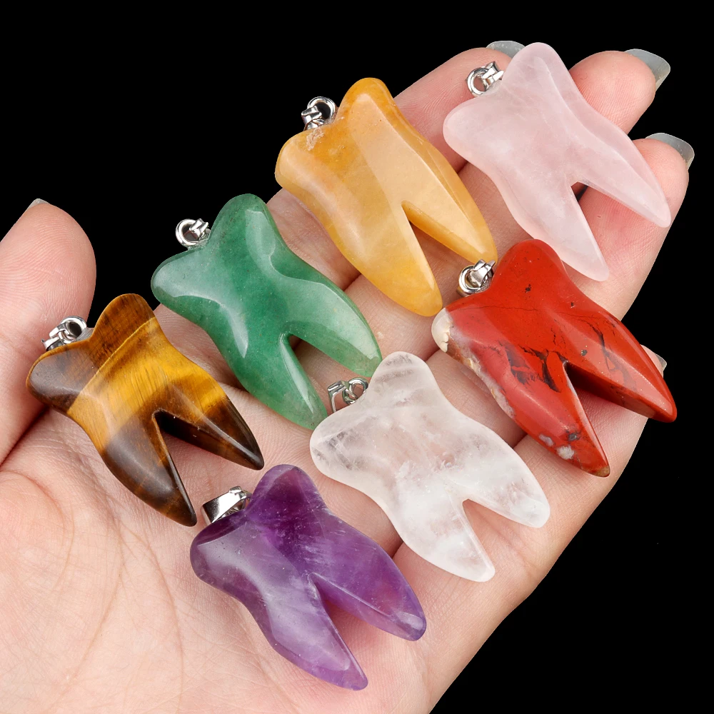 Natural stone Tooth Shape Pendant 32x20mm Carved Crystal Teeth Pendant Reiki Healing Stone Pendant for Necklace Jewelry Making