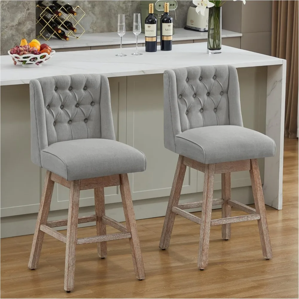 Conjunto de 2 bancos de bar com altura de balcão, 360 ° Bancos de bar giratórios com encosto e pernas de madeira, banco de bar estofado em tecido de linho Morden 28,5