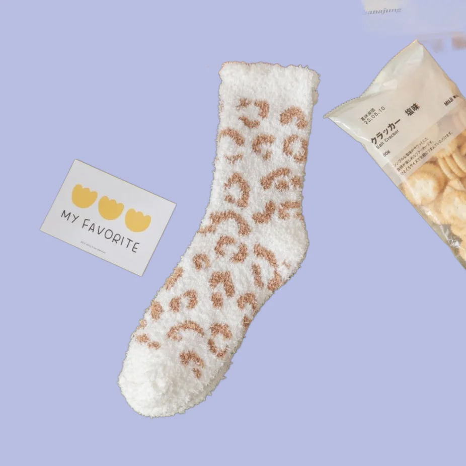 

3/6 Pairs Leopard Print Women Amazon Cross-border Winter Thickened Home Sleep Socks Mid-tube Floor Socks Coral Fleece Socks