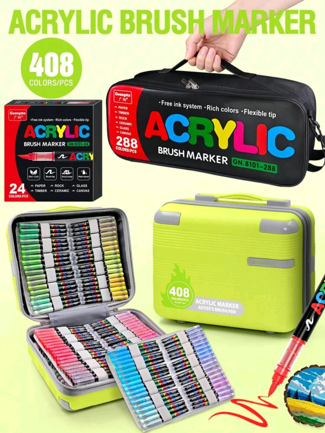 GuangNa 12/24/72/168/288 Colors Acrylic Paint Markers, Soft Brush Student Graffiti Painting Pens Set, Festival Gift DIY Markers