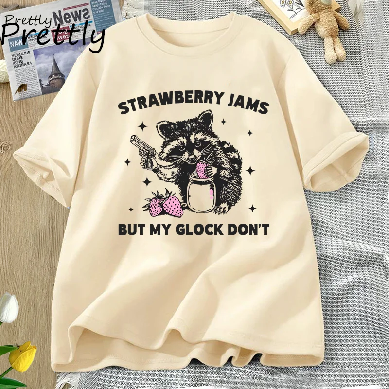 Funny Raccoon Strawberry Jams T Shirt Women Cotton Round Neck Tshirt Streetwear Short Sleeve T-shirt Summer Fashion Tee Oversize