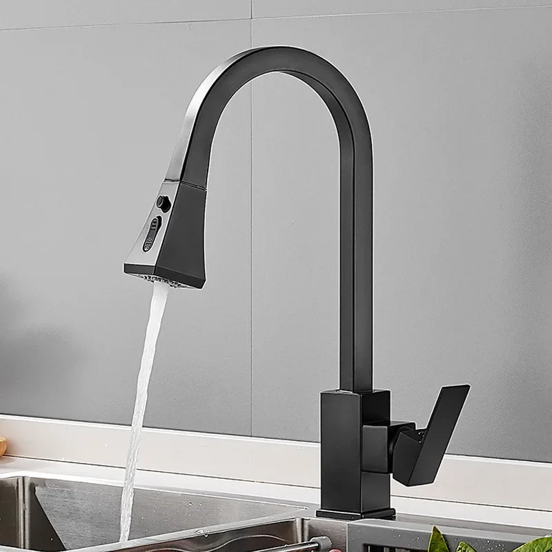 Household Square Pull Kitchen Cold and Hot Faucet with Rotatable Vegetable Basin Copper Body Stretching Sink Faucet