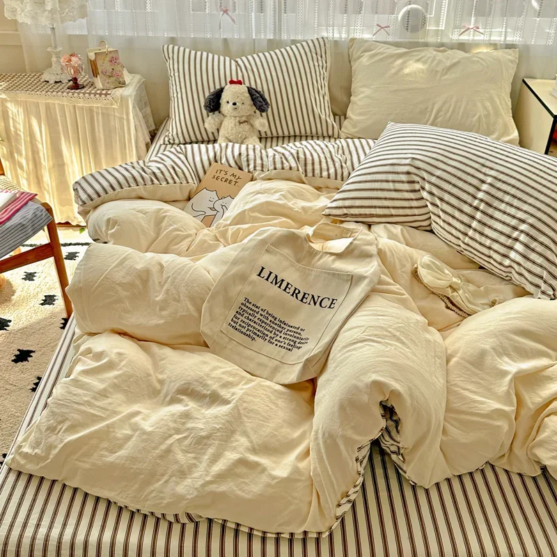 Striped Bedding Set Korean Style Duvet Cover Set Flat Sheets Sets Single Twin Double Size Bed Linen Set Back To School Season