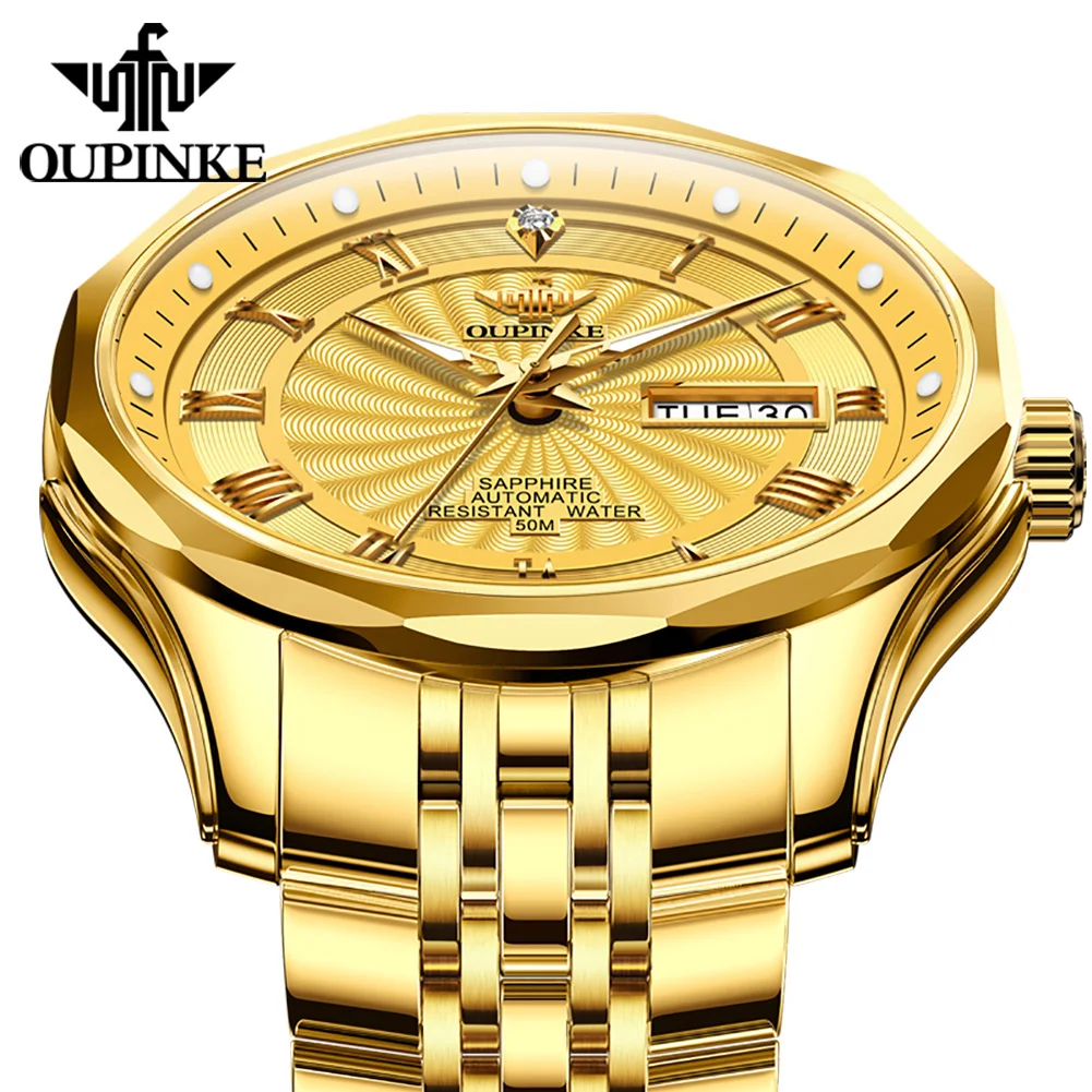 Imagem -05 - Oupinke Real Diamond Relógio Mecânico Automático para Homens Swiss Top Brand Luxury Sapphire Crystal Mirror Waterproof Gold Relógios