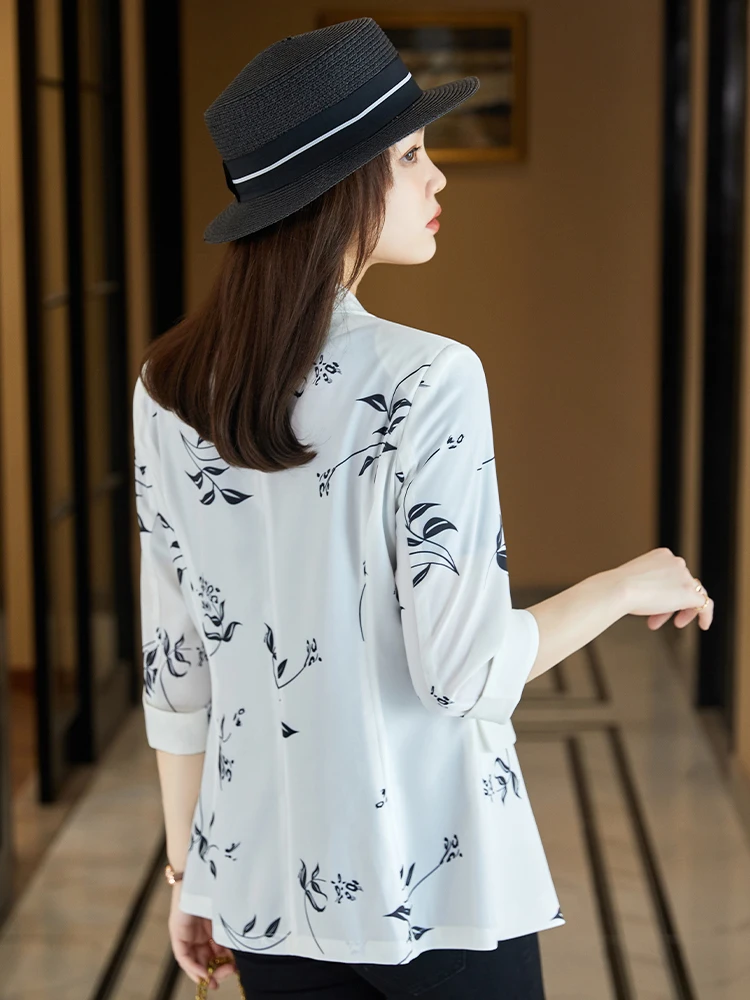 Summer Thin Printed Blouse Women's Suit Jacket Large Size No Ironing Three-Quarter Sleeve Mom Small Western Style Fashion